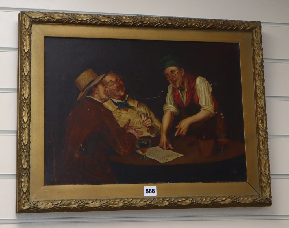 A.S. 1892, oil on canvas, Reading The Times, initialled and dated, 35 x 50cm